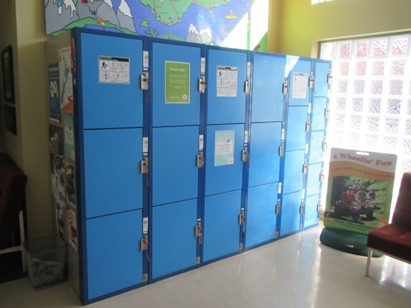 Large secure storage lockers at Accents Hostel reception for guests to store luggage after checkout or during multi-day trips and camping adventures