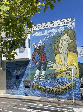 Our hostel mural ‘Modigliani’s Trout’ painted by Finnish artist Siirpa Alalääkkölä, downtown Nelson backpackers